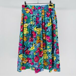 Vintage Leslie Fay Tropical Print Midi Skirt, Pleated Front, Women's 8 Petite